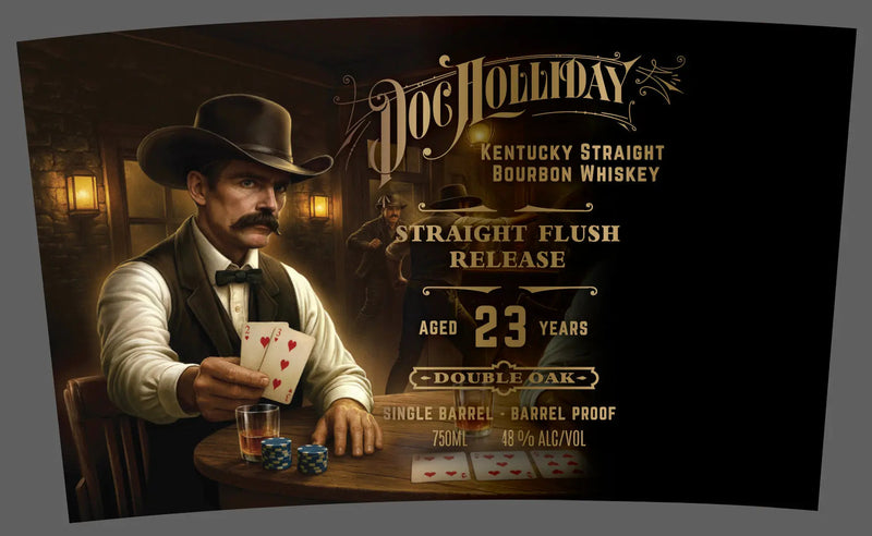 Load image into Gallery viewer, A man in Old West attire plays poker at a saloon, holding four aces and a joker. Text: Doc Holliday 23 Year Kentucky Straight Bourbon Whiskey—aged to perfection for true connoisseurs.
