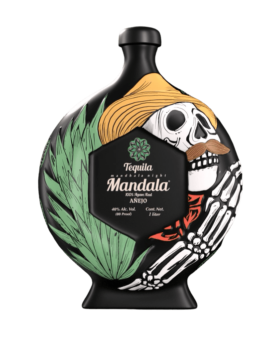Mandala Tequila Anejo 2025 Edition bottle art featuring a skeleton and agave design for Dia de los Muertos.