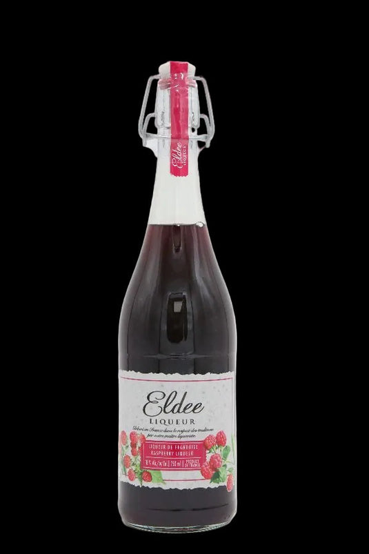 A clear 750mL glass bottle of Eldee Raspberry Liqueur with a white swing-top closure and a label featuring an illustration of raspberries.