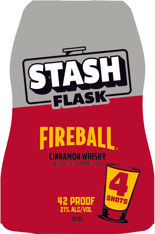 Fireball Cinnamon Whisky Stash Flask 200ml by Fireball—red and gray flask, 42 proof (21% ABV), holds 4 shots. Portable whisky for on-the-go enjoyment.