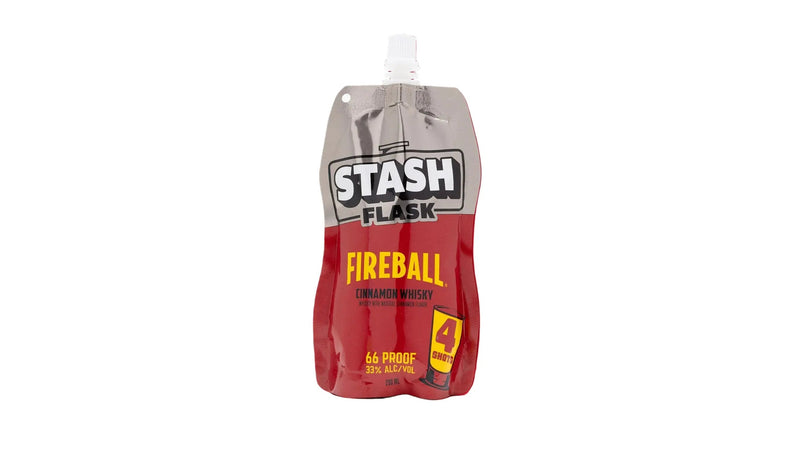 Load image into Gallery viewer, A Stash Flask Fireball liquid fire starter pouch centered on a solid red background. The pouch is red with a gray top section, a white flip-top cap, and yellow text reading 'FIREBALL'.
