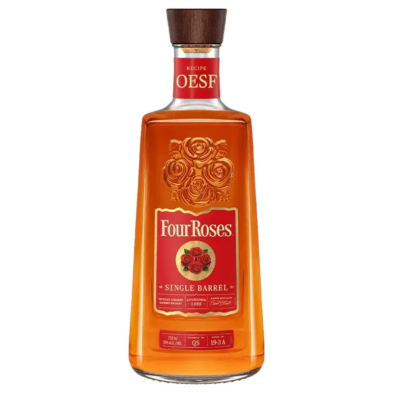 Load image into Gallery viewer, A 750ml bottle of Four Roses Single Barrel OESF Bourbon Whiskey, distinguished by its red label adorned with gold roses and topped with a wooden cap. This special 2026 release highlights the exceptional craftsmanship synonymous with every Four Roses Single Barrel expression.
