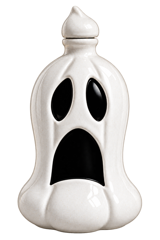 The Gran Agave White Ghost Edition Reposado Tequila 2026 by Gran Agave comes in a white ceramic container shaped like a ghost, featuring black, hollow eyes and mouth that give it a surprised or scared expression. Designed to hold this limited edition tequila, the container includes a removable lid on top, making it an ideal centerpiece for Halloween-themed celebrations.
