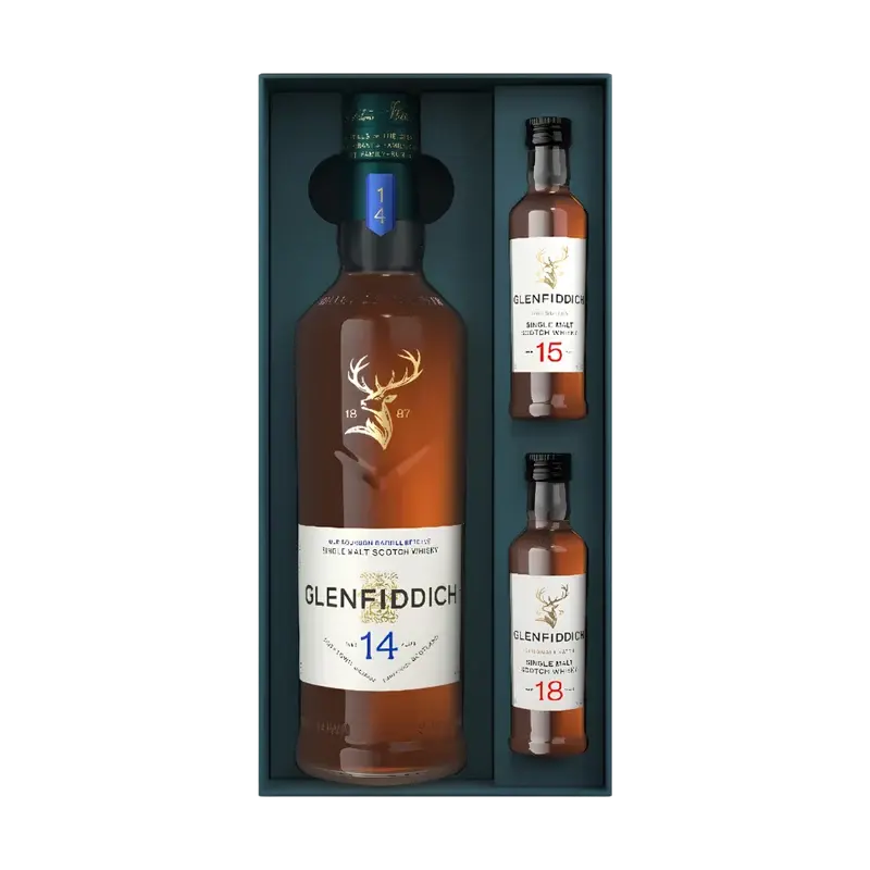 Load image into Gallery viewer, A Glenfiddich 14 Year Single Malt Scotch Whisky Limited Edition Gift Set with 15 &amp; 18 Year 50mL containing one full-sized bottle and two miniature bottles of scotch whisky.
