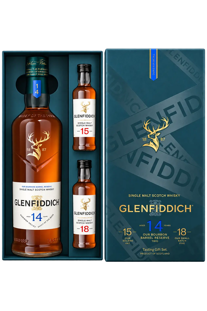 Load image into Gallery viewer, A Glenfiddich 14 Year Single Malt Scotch Whisky Limited Edition Gift Set with 15 &amp; 18 Year 50mL containing one full-sized bottle and two 50mL miniature bottles of scotch whisky, presented in a blue display box.
