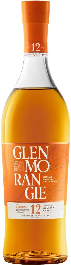 Load image into Gallery viewer, A bottle of Glenmorangie The Original 12 Year Old Highland Single Malt Scotch whisky with an orange label and gold cap.

