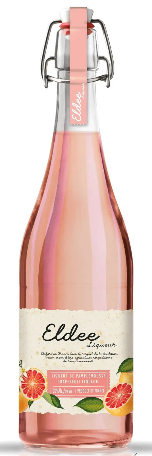 A tall glass bottle of Eldee Grapefruit Liqueur with a swing-top stopper and a label featuring citrus fruit illustrations.