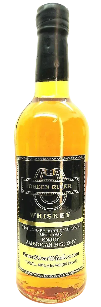 A bottle of Green River American Whiskey, branded as Mountain Dew & Green River, features a black and gold label displaying the Green River name, distiller details, and its 40% alcohol content. Inside, this classic American whiskey has a rich amber color.