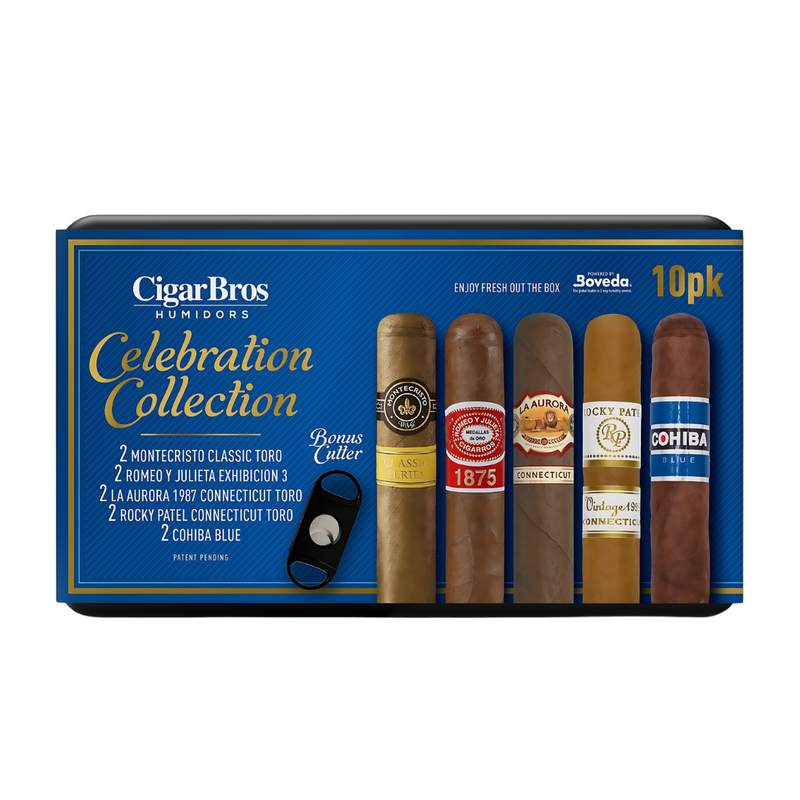 Load image into Gallery viewer, CigarBros Celebration Collection 10 Cigar Sampler Gift Set with Humidor &amp; Cutter
