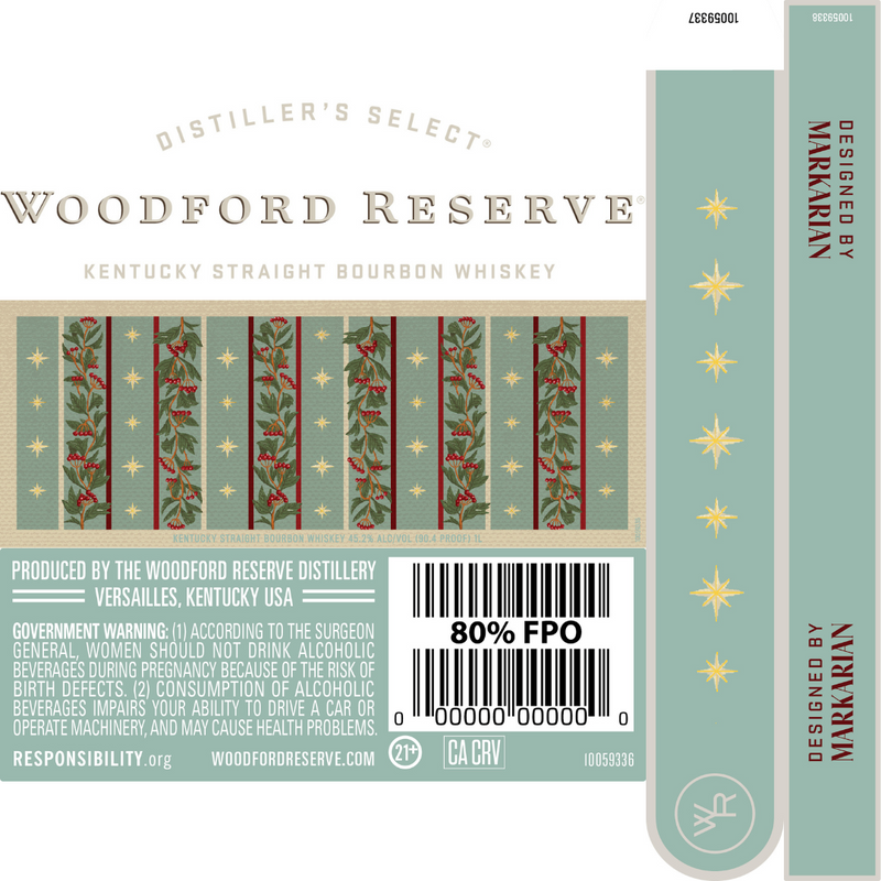 Load image into Gallery viewer, A label for the Woodford Reserve Holiday Edition Bourbon 2025 “Designed by Markarian” 3 Pack features vertical green and red holiday stripes with gold stars, holly, berries, product info, warnings, and design credit to Markarian.
