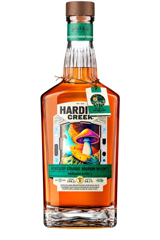 A bottle of Hardin’s Creek Warehouse Series Release 1 The Mushroom One 11 Year Bourbon Whiskey, featuring a label with a large, colorful mushroom illustration and a hanging tag labeled The Mushroom One.