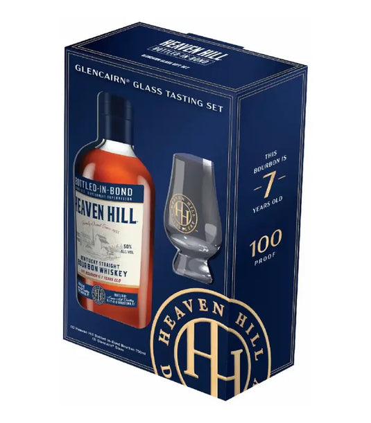The Heaven Hill 7 Year Old Bourbon Gift Set includes a bottle of 100 proof, 7-year-aged Bourbon and a branded Glencairn glass, all presented in exclusive packaging.