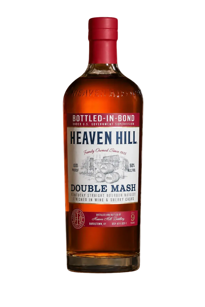 Load image into Gallery viewer, A bottle of Heaven Hill Double Mash Bottled-in-Bond Bourbon by Heaven Hill, featuring a red cap and label, "Bottled-in-Bond" and "100 Proof" text, and an illustrated distillery on the front.

