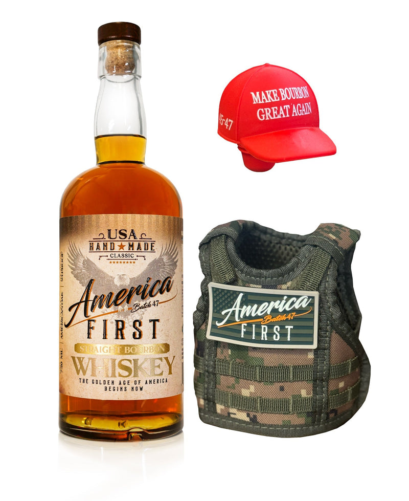 Load image into Gallery viewer, America First Straight Bourbon Whiskey, a red Make Bourbon Great Again cap, and a camo dog vest with an America First patch display American craftsmanship on a white background.
