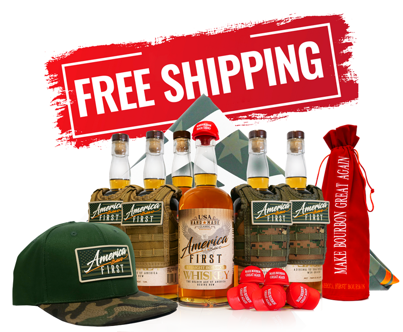 Load image into Gallery viewer, The America First Straight Bourbon Whiskey 6 Pack, green camo America First cap, red shot glasses, and red Make Bourbon Great Again bag are featured with a FREE SHIPPING banner in this exclusive bourbon collection.
