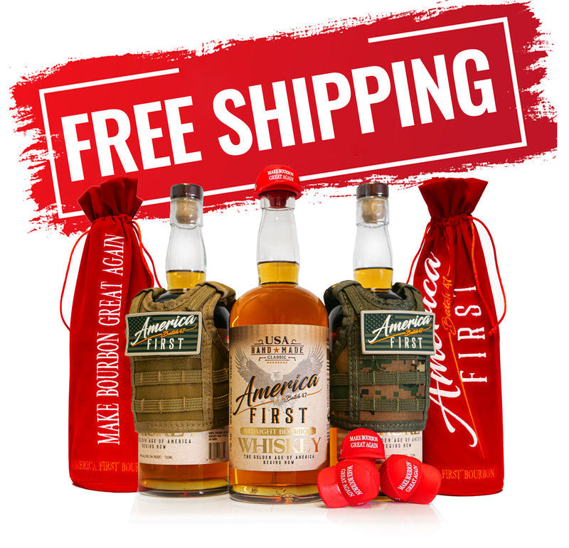 Load image into Gallery viewer, America First Straight Bourbon Whiskey 3 Pack is displayed with red and camo bags, branded toppers, and a bold FREE SHIPPING banner above—an ideal limited-edition collector's set for bourbon enthusiasts.
