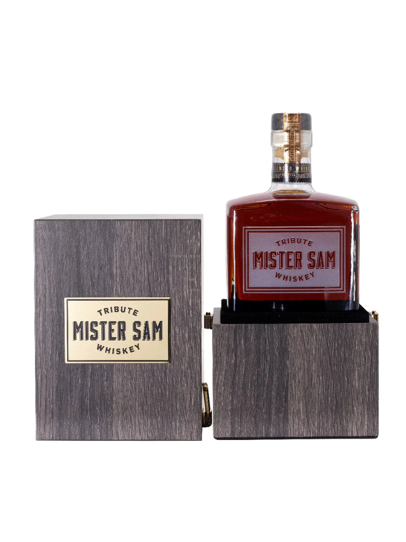 Load image into Gallery viewer, A bottle of Sazerac Mister Sam Tribute Whiskey Second Edition, a cask strength blend, comes in a wooden box with a gold label. The open box displays the bottle featuring its bold red and gold “Mister Sam Tribute Whiskey” label.
