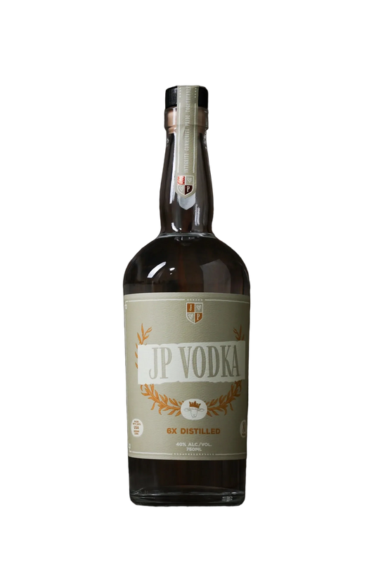 A bottle of JP Vodka, featuring a beige label with gold accents and the text “JP Vodka,” “6x distilled,” and “40% alc/vol.” This American-made corn vodka is crafted for smoothness and comes with a black cap and seal.
