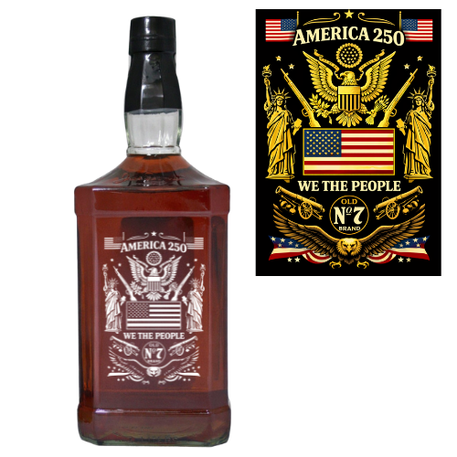 The Memorybottes Jack Daniel’s 3L America 250th Anniversary Custom Etched Bottle features patriotic designs and comes with a matching poster—a striking collector’s tribute to America 250 and OLD No 7 BRAND.