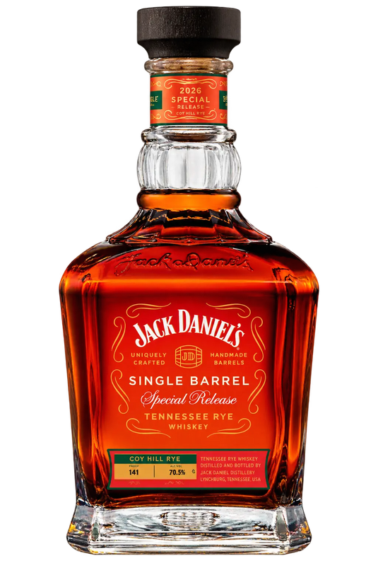 A bottle of Jack Daniel’s Coy Hill Rye Single Barrel Special Release 2026 Barrel Proof Tennessee Whiskey 700mL, featuring a red front label noting 141 proof and 70.5% alcohol, with a neck label identifying the 2026 single barrel release.