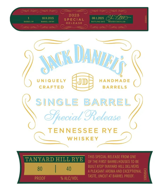 Load image into Gallery viewer, Label for Jack Daniel’s Single Barrel Tanyard Hill Rye 2025 Special Release features gold, blue, and red text with batch info, 80 proof (40% ABV), and a description of high-proof Tennessee rye.

