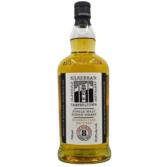 A bottle of Kilkerran 8 Year Old Cask Strength whisky from Kilkerran, matured in bourbon casks, lightly peated, with 55.8% ABV and a classic black and white label design.