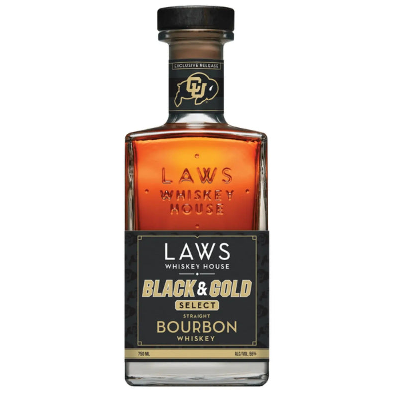 Load image into Gallery viewer, A rectangular bottle of Laws Whiskey House Black &amp; Gold Select Four Grain Straight Bourbon Whiskey from Laws Whiskey House, featuring a black and gold label and a cork top. The amber-colored whiskey inside highlights the craft of their Colorado Four Grain Straight Bourbon.
