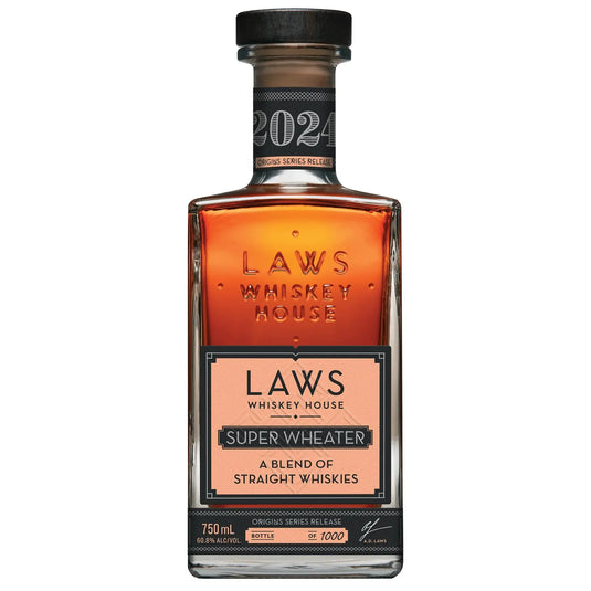 A 750ml bottle of Laws Whiskey House ORIGINS Series Super Wheater 2024 Blend of Straight Whiskeys, bottled at 60.0% ABV, bottle number 61 out of 7000.