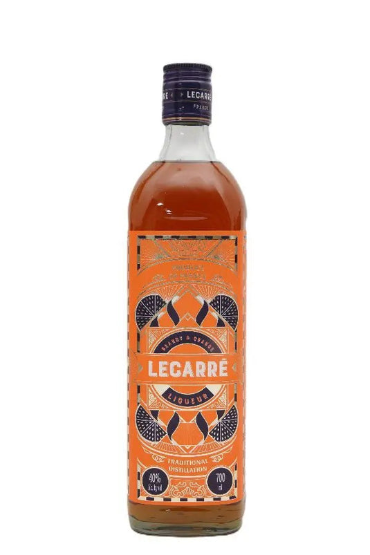 A 700mL bottle of LeCarré Brandy & Orange Liqueur featuring an ornate, art deco-style orange and black label.