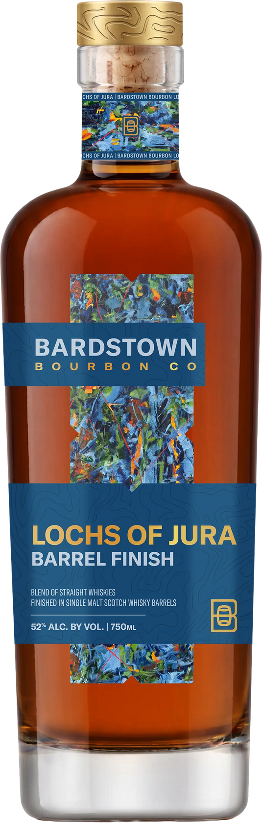 A 750ml bottle of Bardstown Bourbon Company Lochs of Jura Barrel Finish Whiskey, featuring abstract blue artwork and labeled at 52% alcohol by volume. This limited-release offering from Bardstown Bourbon Company highlights exceptional craftsmanship and a unique barrel finish.