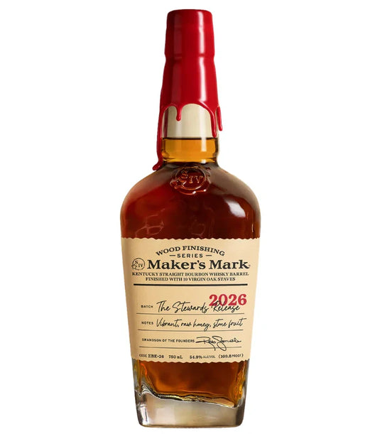 A bottle of Maker's Mark Wood Finishing Series 2026 The Stewards Release Bourbon, featuring the brand's signature red wax seal, tan label with red and black text, and detailed batch info as a limited edition release.