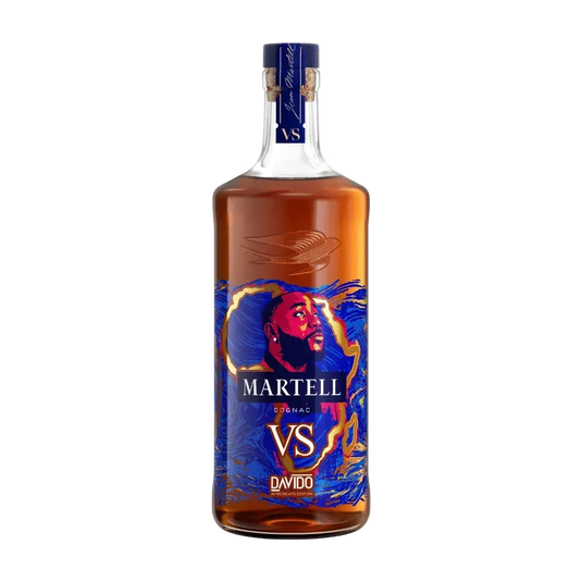 A limited edition Martell VS x Davido Afrobeats Limited Edition Cognac bottle featuring a label with an illustration of a man and vibrant blue, red, and gold abstract patterns.