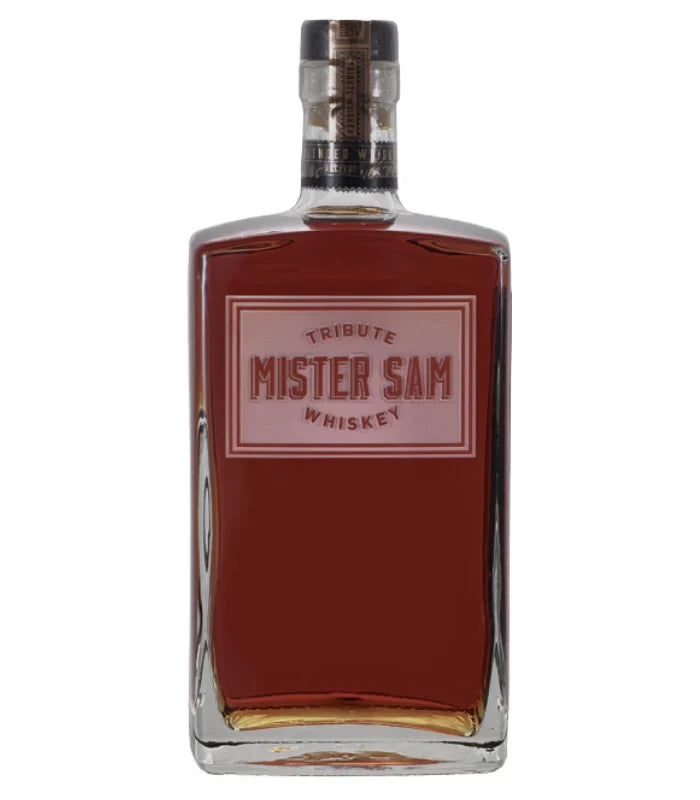 Load image into Gallery viewer, A rectangular glass bottle of Sazerac’s Mister Sam Tribute Whiskey Second Edition, filled with amber liquid, features red and gold labeling and a black and gold cap.
