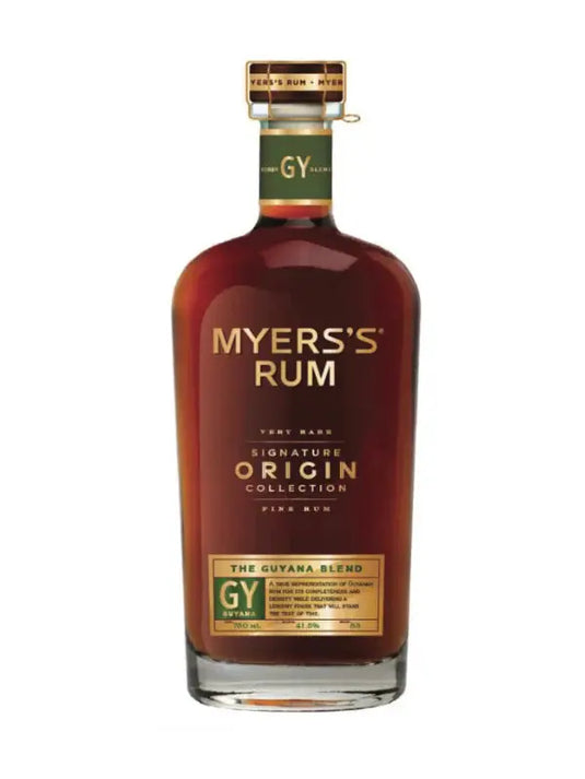 A bottle of Myers's Origin Collection Guyana Blend Rum from Myers's, featuring a striking dark hue and intricate gold and green label against a white background. Crafted from molasses, this rum captures the signature essence of traditional Guyana rum with every sip.