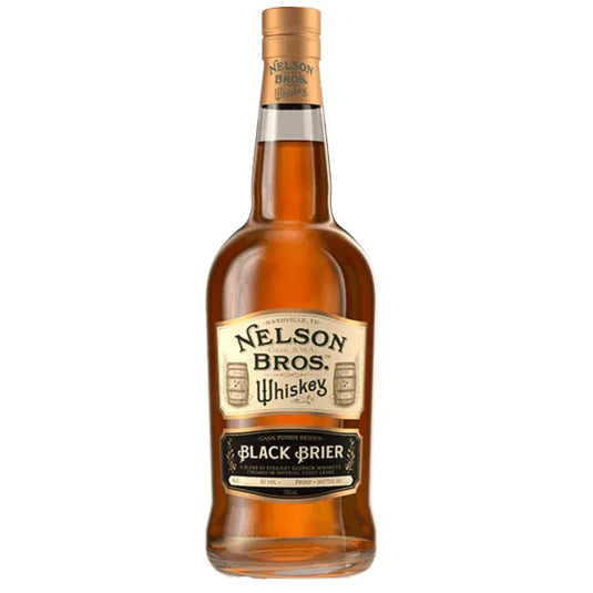A bottle of Nelson Bros Black Brier Bourbon from Nelson’s Green Brier, expertly finished in Imperial Stout casks.