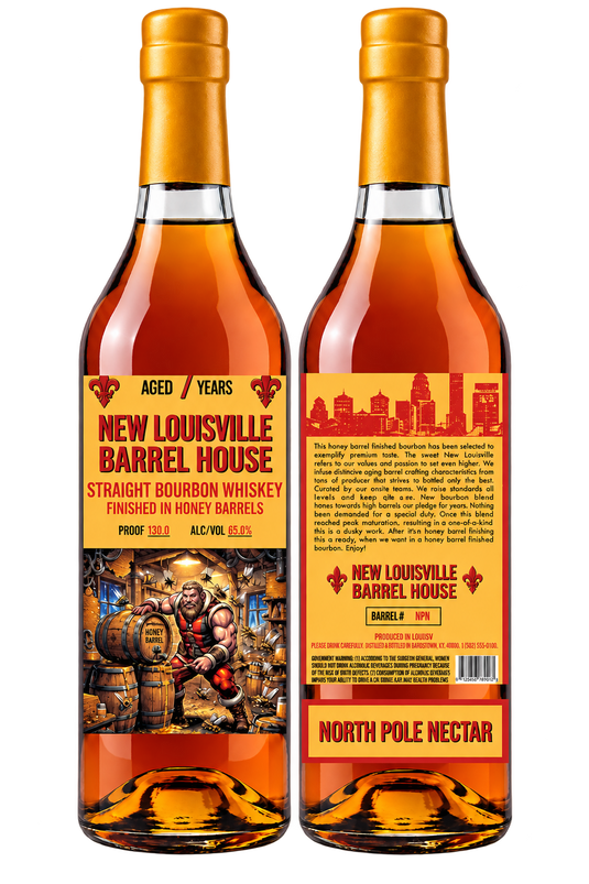 Two bottles of Nulu New Louisville North Pole Nectar Christmas Edition 7 Year Honey Barrel Finished Bourbon 130 Proof (Pre-Order), one showing the front label with a cartoon character in a barrel cellar and the other showing the back label.