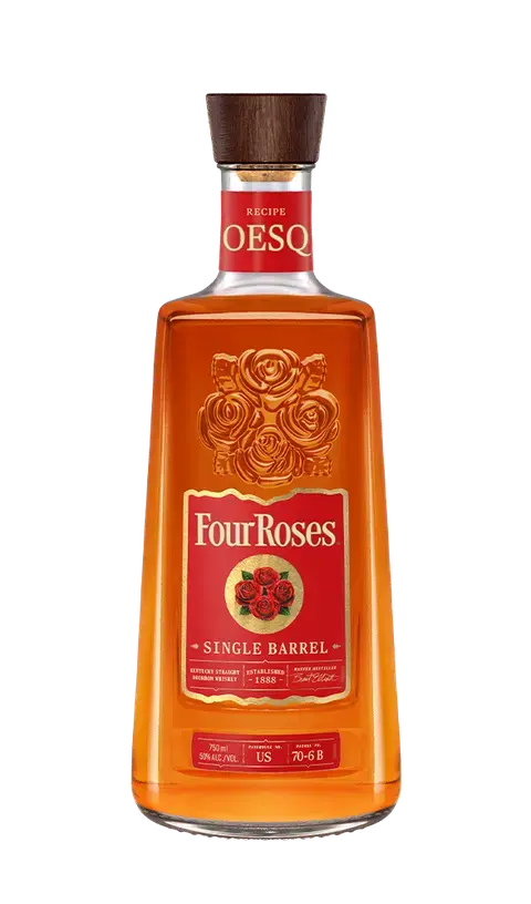 A 750ml bottle of Four Roses Single Barrel OESQ Bourbon Whiskey, featuring a red label with a gold rose design and finished with a wooden cap, from the Four Roses brand, showcased against a plain white background.