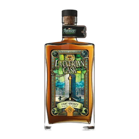 A bottle of Orphan Barrel x Avengers: Doomsday Latverian Cask 20 Year Old Light Whiskey featuring a stained-glass style label with the text Latverian Cask and 20 Years, topped with an Avengers Doomsday neck tag.