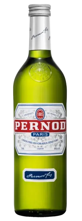 A green glass bottle of Pernod Paris cognac and vermouth spirit wine, featuring a white and red label with the brand name 'PERNOD' in bold red letters, set against a plain white background.