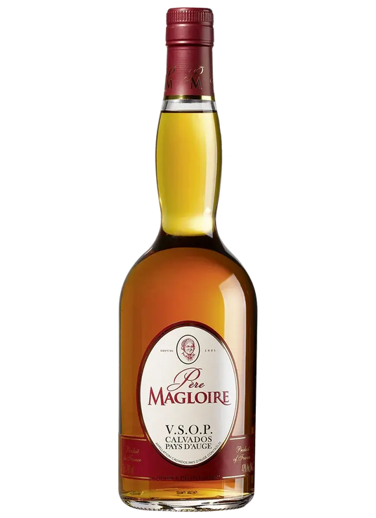 A 750mL bottle of Pere Magloire V.S.O.P. Calvados, featuring a red cap and a cream-and-red label, filled with golden-brown French apple brandy from Normandy.