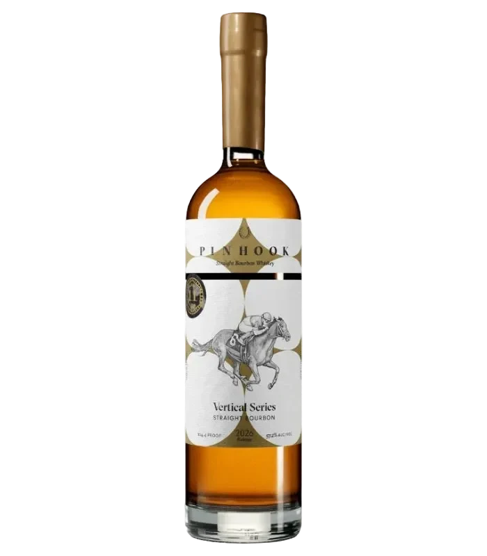 Load image into Gallery viewer, A bottle of Pinhook Bourbon Vertical Series 11 Year Straight Bourbon Whiskey 2026 Release, adorned with a white label depicting a jockey riding a horse, gold accents, and a gold-capped top—an exceptional expression of American whiskey craftsmanship.
