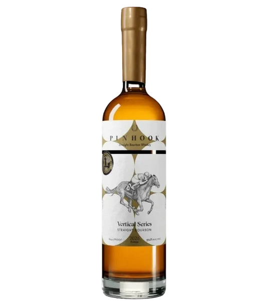 A bottle of Pinhook Bourbon Vertical Series 11 Year Straight Bourbon Whiskey 2026 Release, adorned with a white label depicting a jockey riding a horse, gold accents, and a gold-capped top—an exceptional expression of American whiskey craftsmanship.