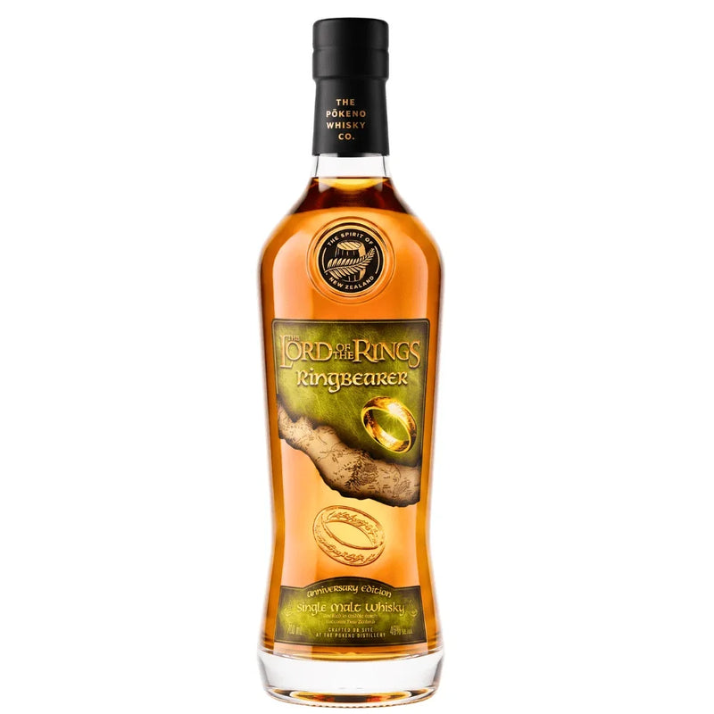Load image into Gallery viewer, Introducing the Pōkeno The Lord of the Rings 25th Anniversary Ringbearer “The One Ring” Engraving Edition Single Malt Whisky (700mL) by Pōkeno Whisky—a stunning New Zealand single malt featuring iconic Lord of the Rings Ringbearer branding. Highlighted by an image of the One Ring on its label and a gold medallion near the cap, this exceptional collectible is a must-have for any fan, seamlessly combining masterful whisky craftsmanship with legendary Lord of the Rings memorabilia.

