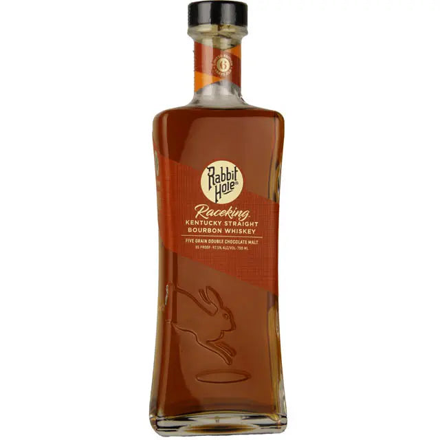 Load image into Gallery viewer, A bottle of Rabbit Hole Raceking 6 Year Kentucky Straight Bourbon Whiskey from Rabbit Hole Distillery, featuring an etched rabbit logo and an orange diagonal label with gold and white text that highlights the craftsmanship behind this limited edition bourbon.
