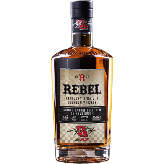 A bottle of Rebel Yell's Rebel x Kyle Busch Single Barrel Bourbon 2026 Limited Edition features a black cap, red 