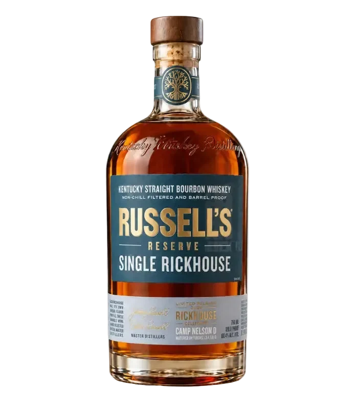 Load image into Gallery viewer, A bottle of Russell’s Reserve Single Rickhouse 2026 Camp Nelson D Bourbon Whiskey with a brown cap, gold and white lettering, and clear amber liquid in clear glass, set against a white background.
