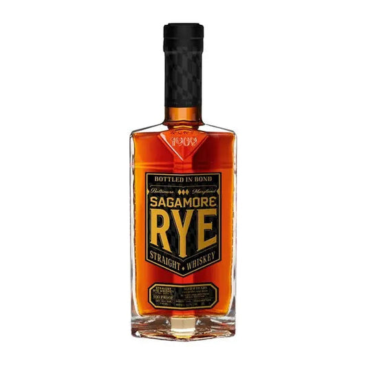 A bottle of Sagamore Spirit 8 Year Bottled in Bond Straight Rye Whiskey with a black and gold label featuring the “Bottled in Bond” text, shown against a plain white background.