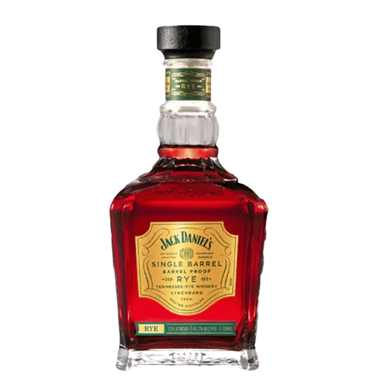 A bottle of Jack Daniel's Single Barrel Barrel Proof Rye whiskey from Jack Daniel's, in a square glass bottle with a gold and green label and black cap. Its rich amber color ensures a pure tasting experience for whiskey enthusiasts.