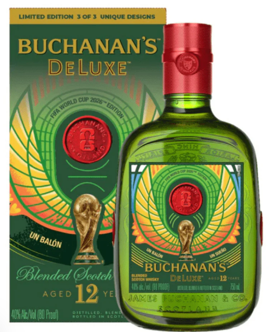 The Buchanan's DeLuxe 12 Year Old Blended Scotch Whisky FIFA World Cup 2026 Limited Edition features a green bottle and box, each adorned with the gold FIFA World Cup trophy and vibrant patterns in celebration of the tournament.