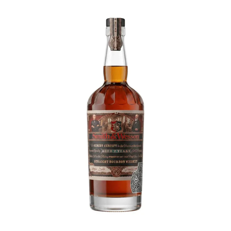 Load image into Gallery viewer, A 750ml bottle of Smith &amp; Wesson 7 Year Straight Bourbon Whiskey from Smith &amp; Wesson, featuring a detailed label and a wax-sealed cap, filled with amber-hued American bourbon whiskey and isolated on a white background.
